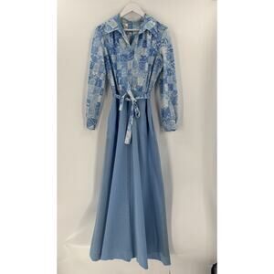 Vintage 1970s Forever Young Dress Womens 18 Blue Maxi Belted Collared Pockets